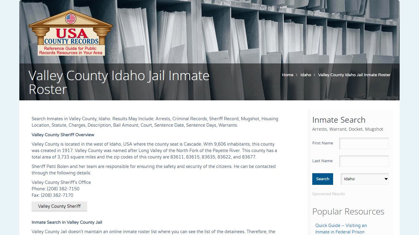 Valley County Idaho Jail Inmate Roster | Name Search